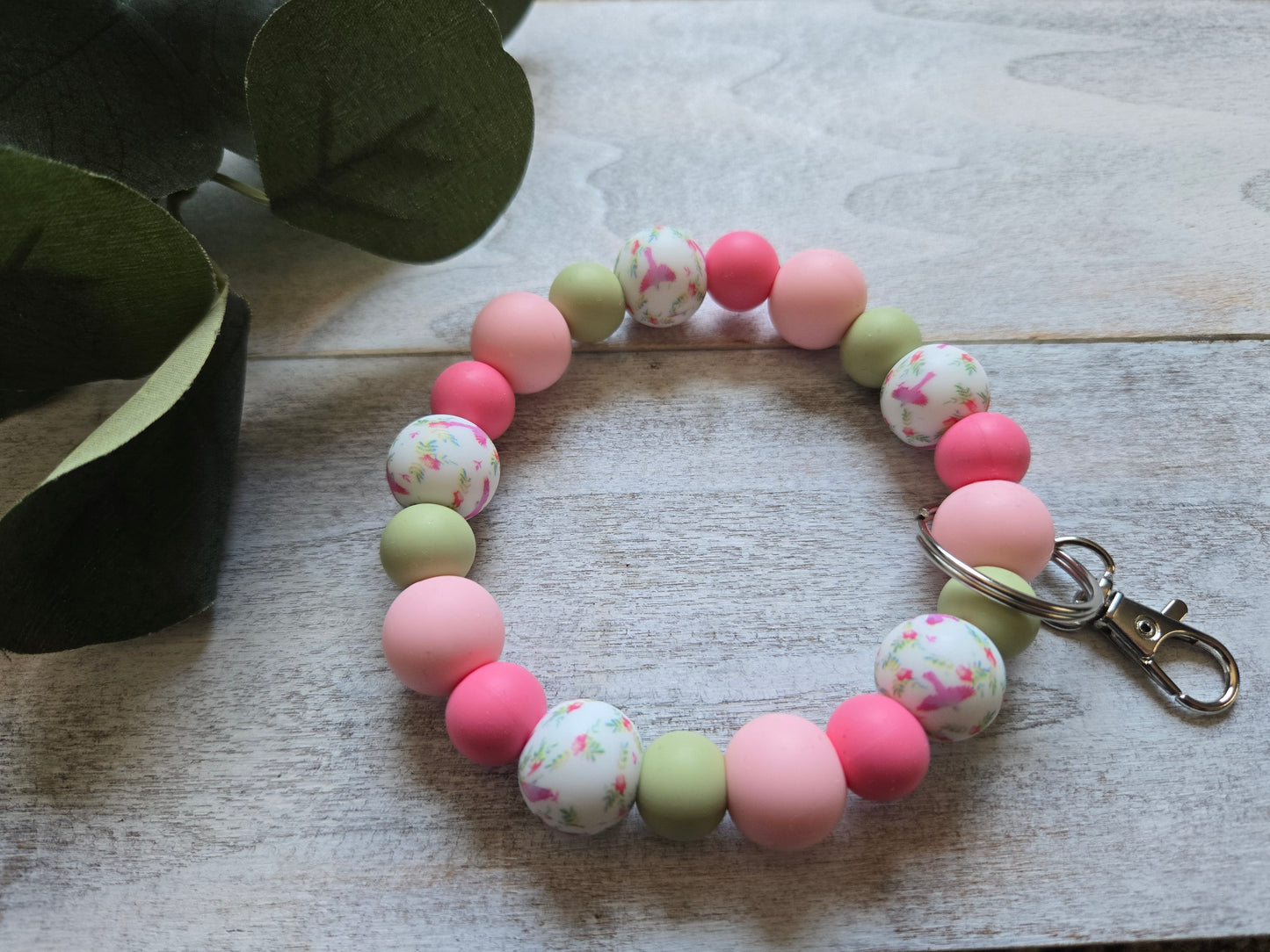 Blush Bird Beaded Keychain Bracelet