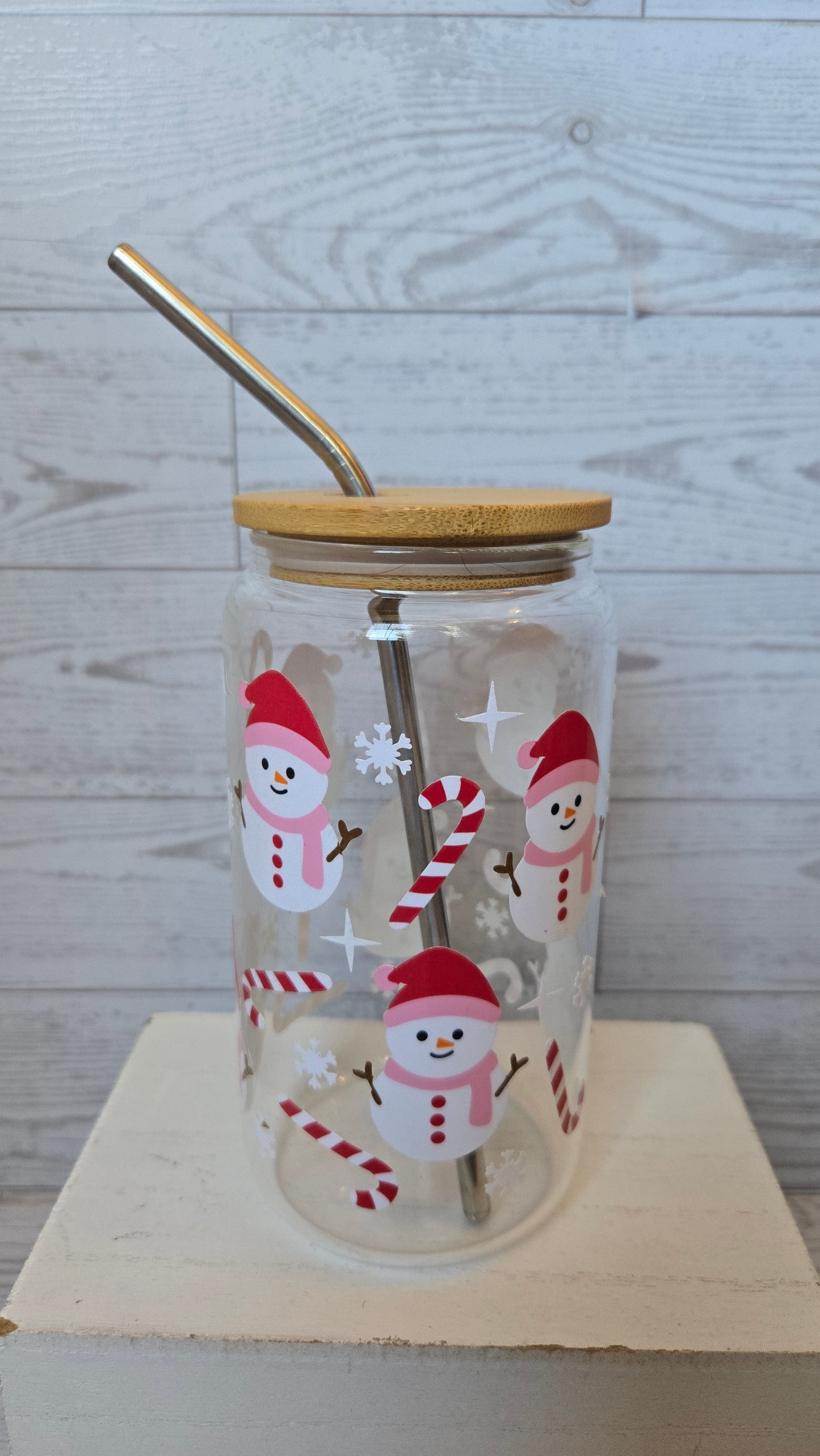 Candy Cane Snowman 16oz Glass Cup