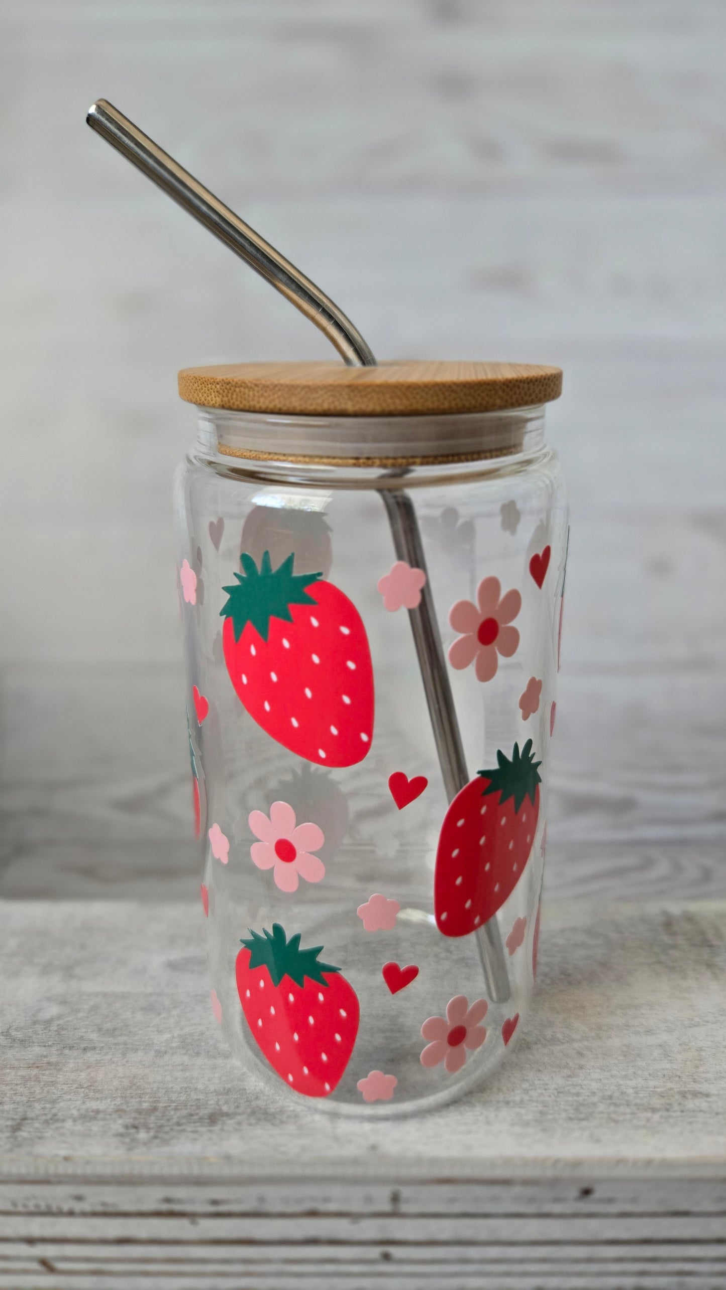Strawberry Flowers & Hearts Clear 16oz Glass Cup