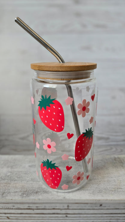 Strawberry Flowers & Hearts Clear 16oz Glass Cup