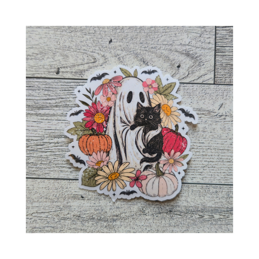 Floral Ghost &amp; Black Cat Sticker