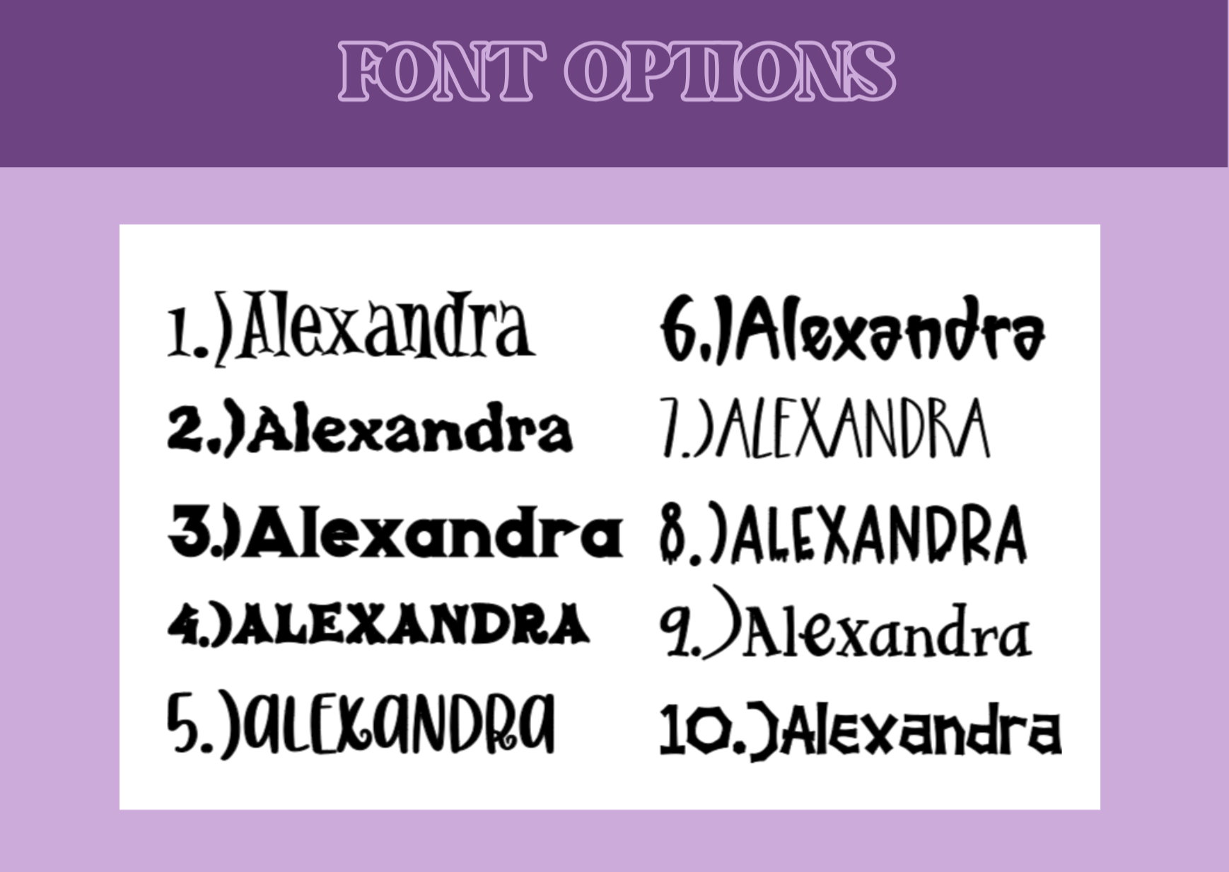 Various font styles of the name 'Alexandra' on a purple background