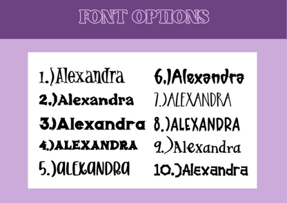 Various font styles of the name 'Alexandra' on a purple background