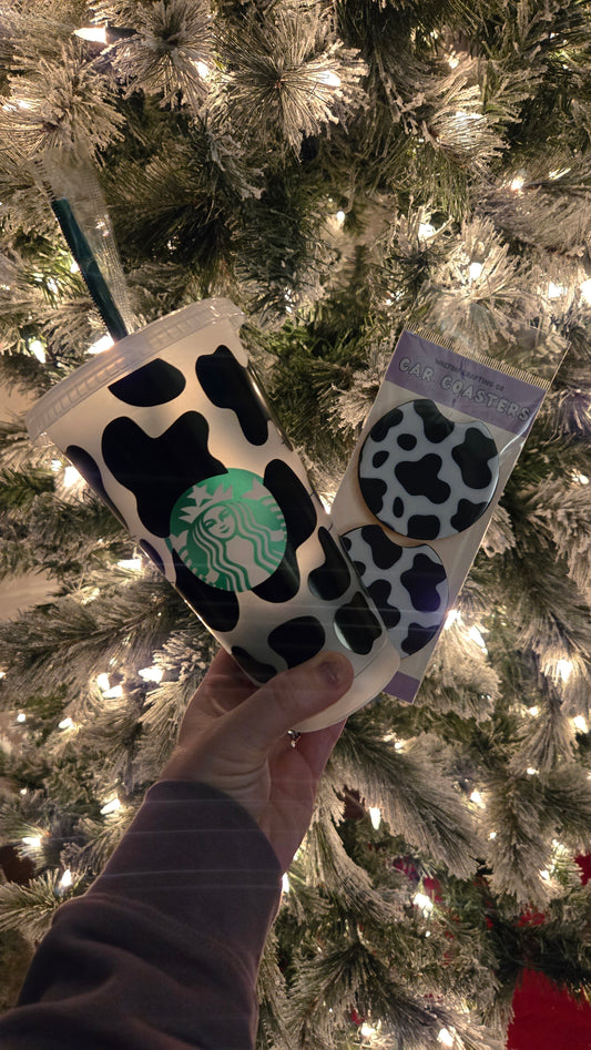 Cow Print Cup + Car Coaster Set